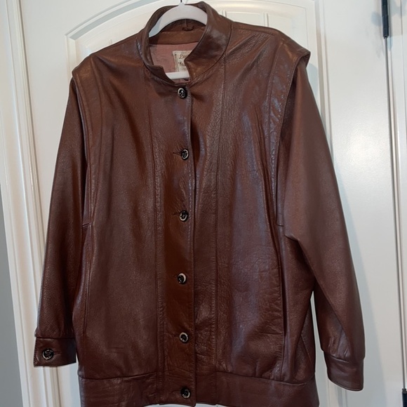 VINTAGE dark brown leather bomber jacket coat button up XL USA unisex - Picture 13 of 13
